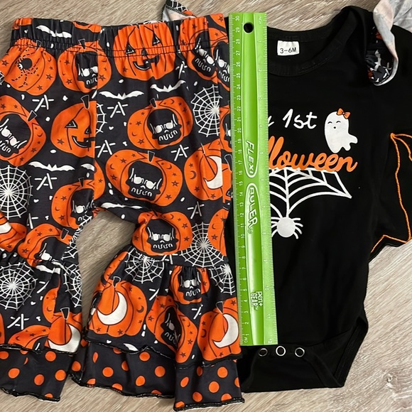 Baby Girl First Black Bat Skull Orange Pumpkin Fall Outfit 3-6M - Picture 8 of 8